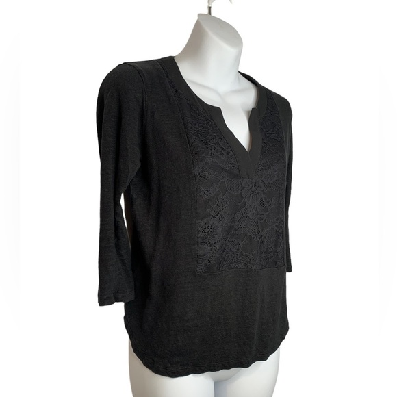 Sandro Paris Black Line Split V Neck 3/4 Sleeve Blouse Lace Applique Size 1 - Picture 2 of 13